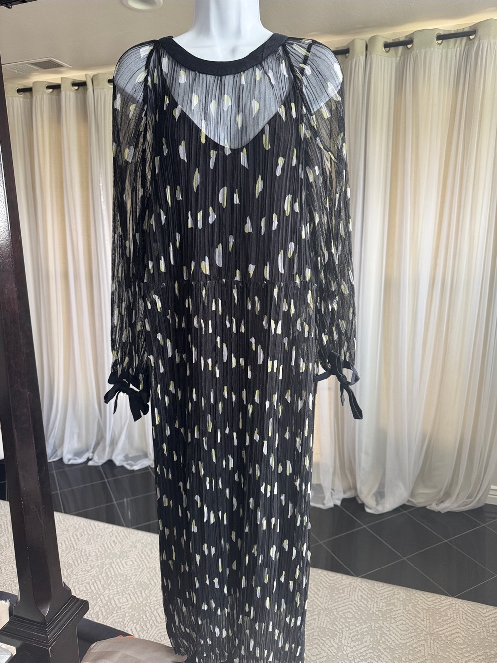 Black Long-Sleeve Pleated Maxi Dress with Abstract Metallic Accent